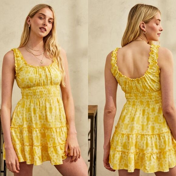 Women's UO Lizzy Yellow Floral Smocked Mini Dress, Size Small - Picture 1 of 10